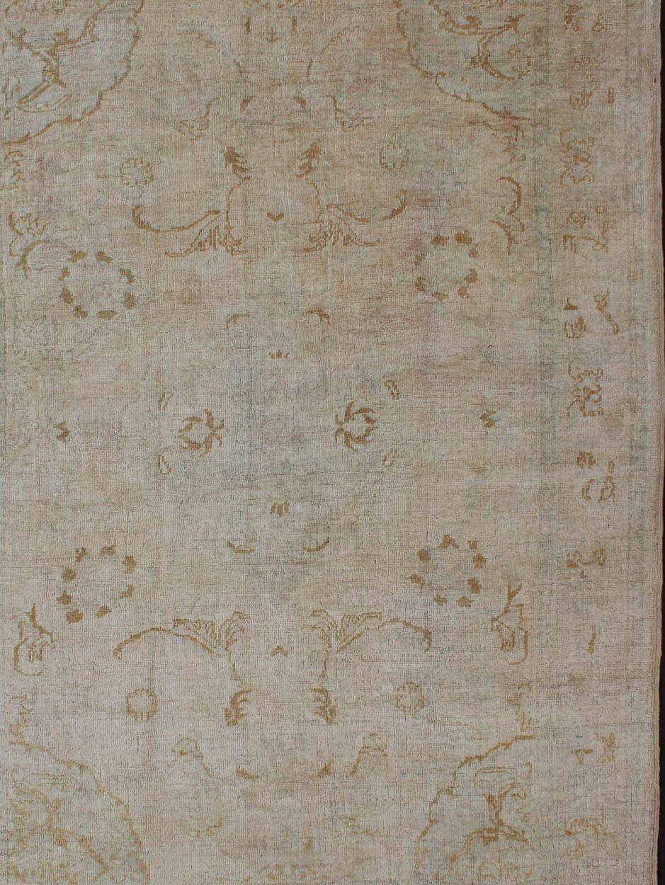 Hand-Knotted Cream Background Midcentury Vintage Oushak Rug from Turkey with Floral Design For Sale