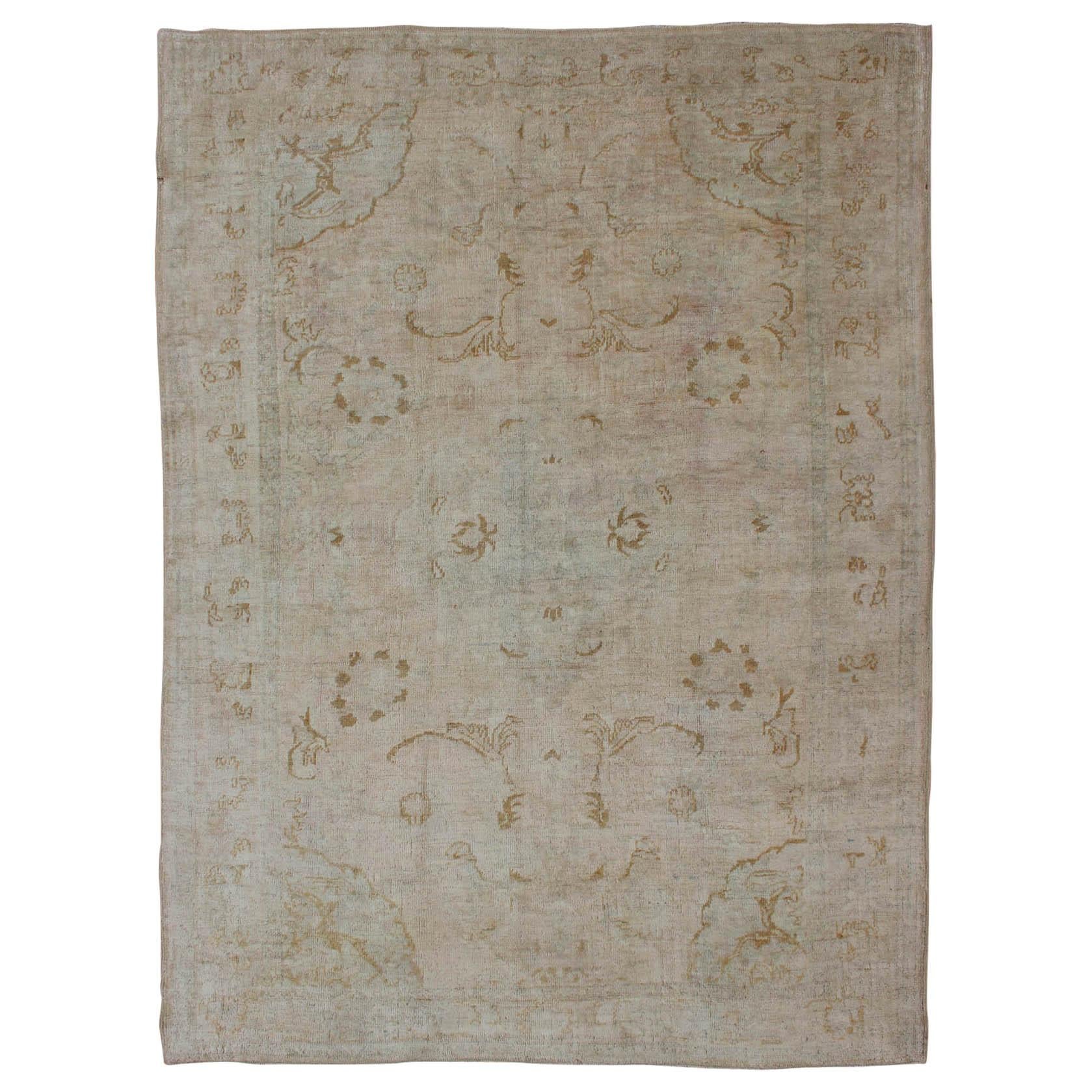 Cream Background Midcentury Vintage Oushak Rug from Turkey with Floral Design For Sale