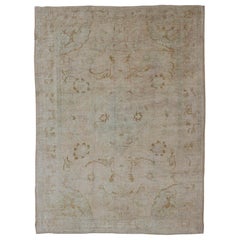 Cream Background Midcentury Vintage Oushak Rug from Turkey with Floral Design