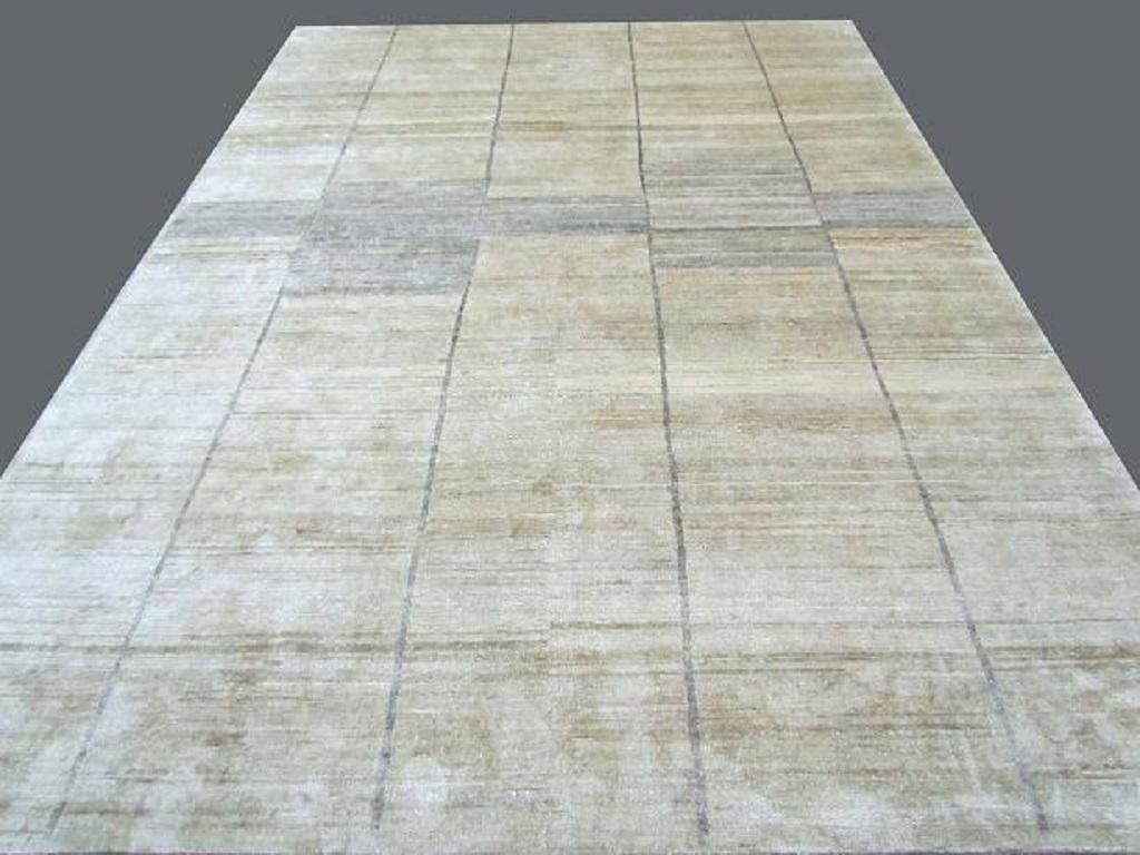 Organic Modern Cream Beige Hand Knotted Silk Contemporary Geo Modernist Rug in Stock For Sale
