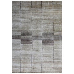 Tapis contemporain géométrique moderniste en soie nouée à la main crème et beige, en stock