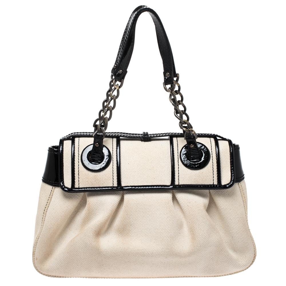 Cream/Black Canvas and Patent Leather B Shoulder Bag 4