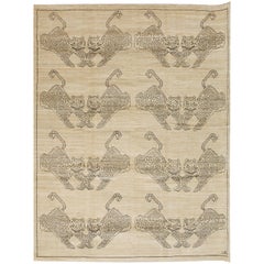 Cream and Black Contemporary Wool and Silk Persian Carpet, "Hunting Scene"