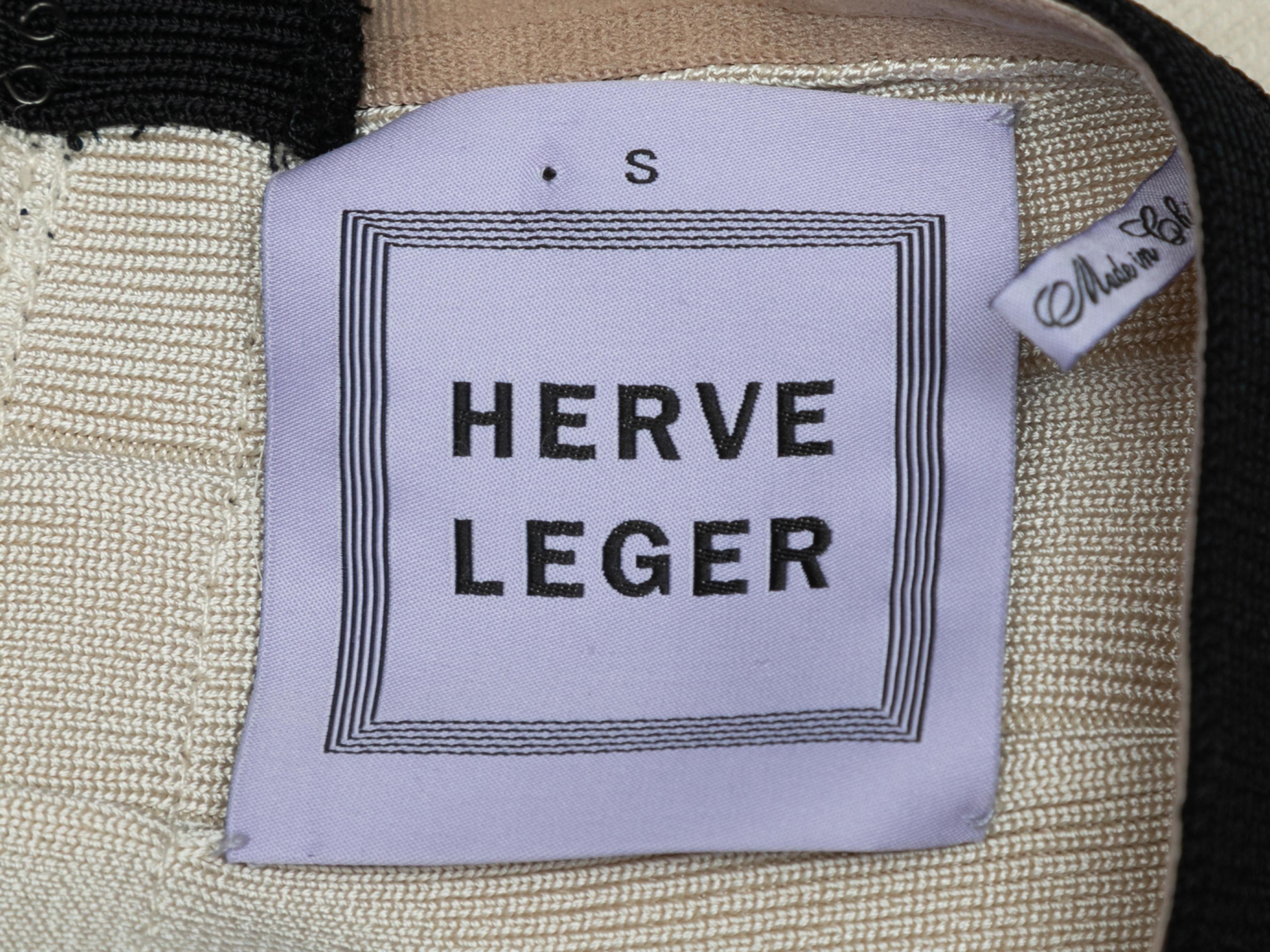 Cream and black sleeveless bandage dress by Herve Leger. V-neck. Narrow straps. Zip closure at back. 24