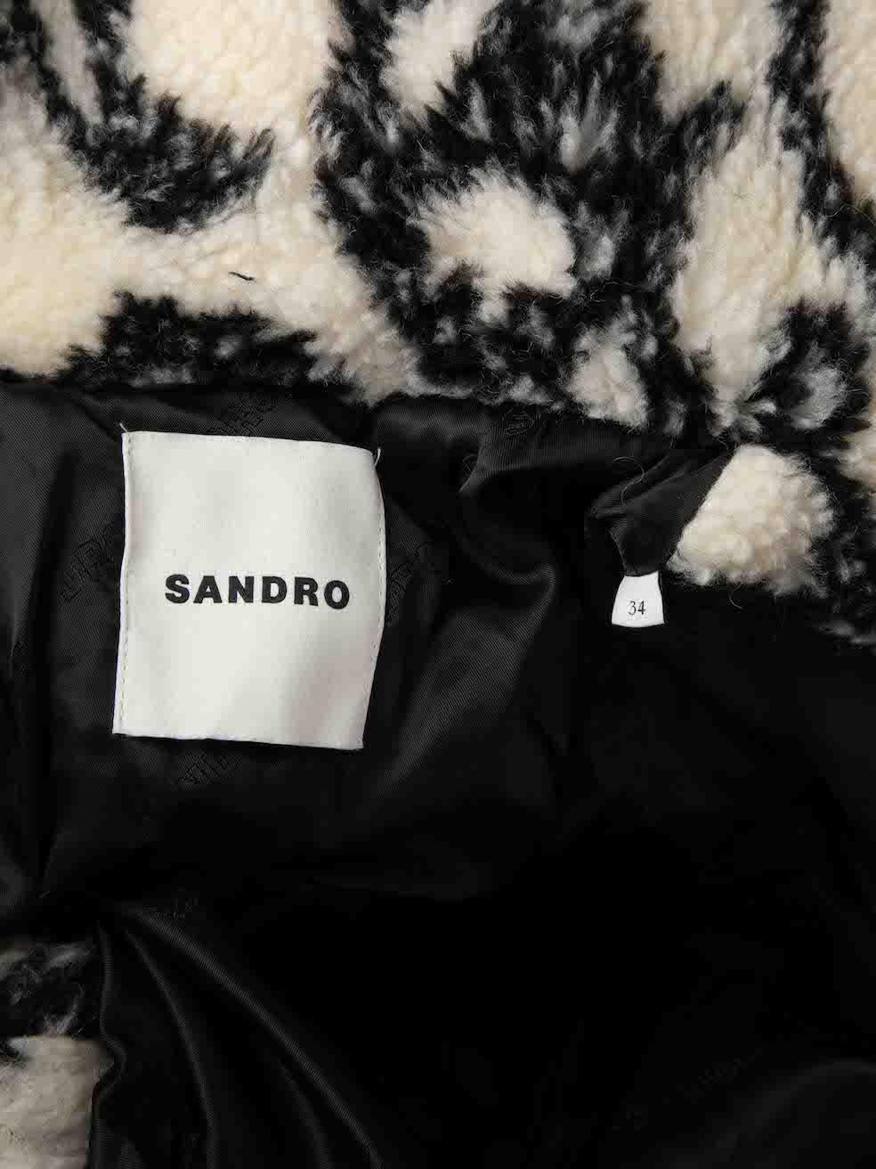 Sandro Cream & Black Shearling Abstract Pattern Puffer Jacket Size XS In Good Condition In London, GB
