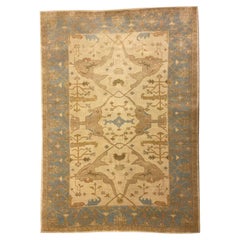 Cream, Blue, and Earth-Tone Wool Oushak Carpet with Floral Motifs, 6' x 9'