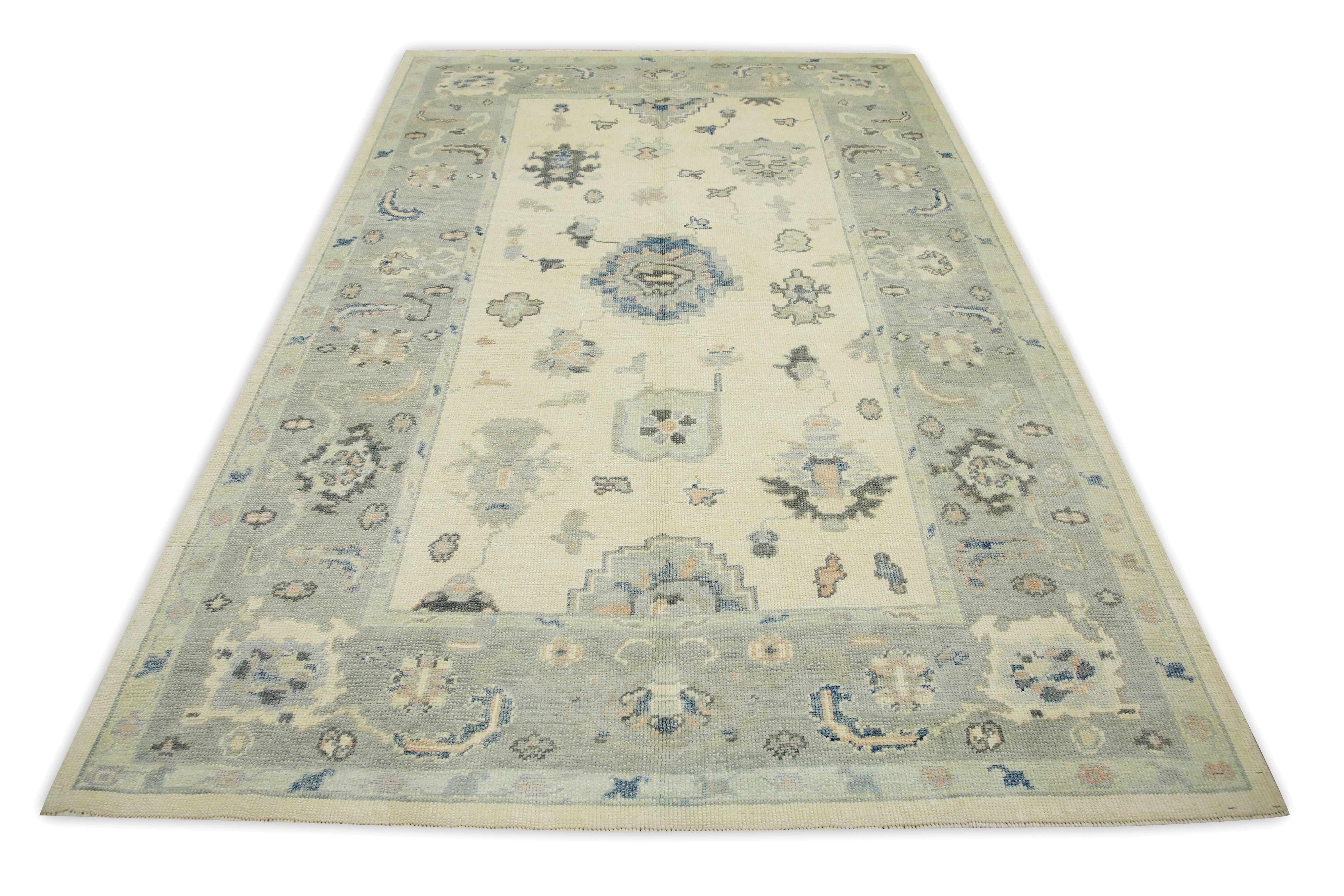 Contemporary Cream & Blue Floral Design Handwoven Wool Turkish Oushak Rug 6' x 9' For Sale