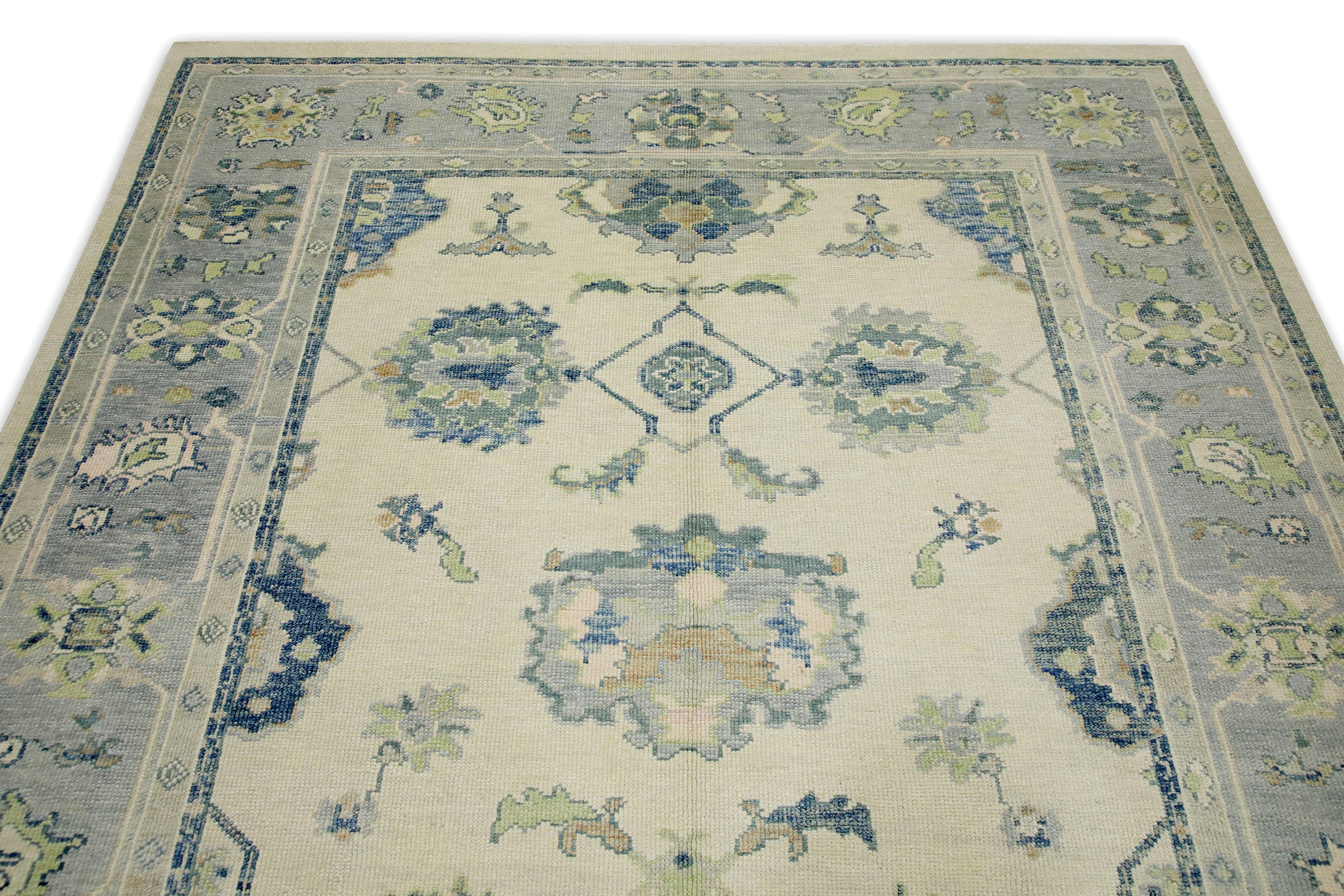 Cream & Blue Floral Design Handwoven Wool Turkish Oushak Rug 7' x 9' In New Condition For Sale In Houston, TX