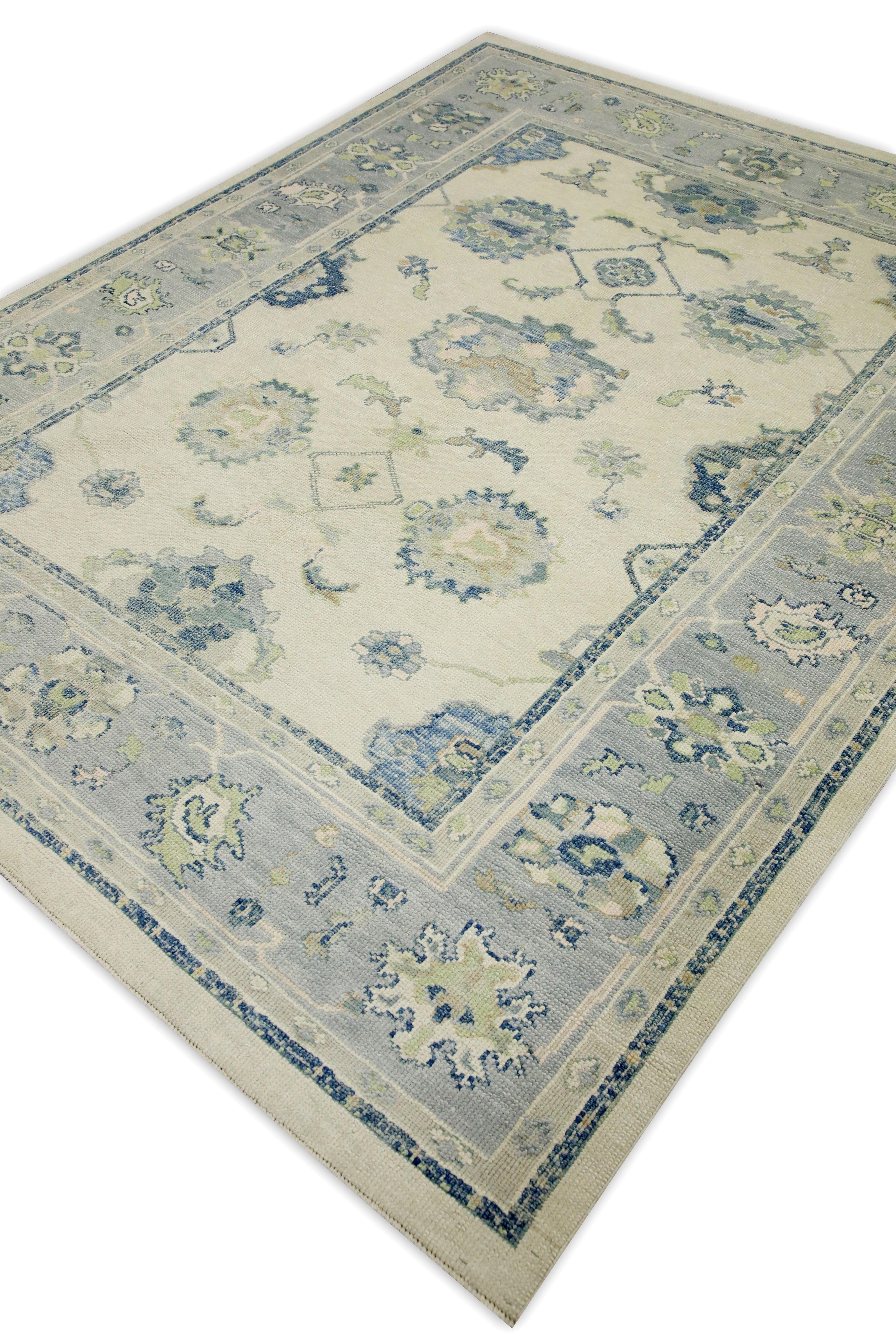 Contemporary Cream & Blue Floral Design Handwoven Wool Turkish Oushak Rug 7' x 9' For Sale