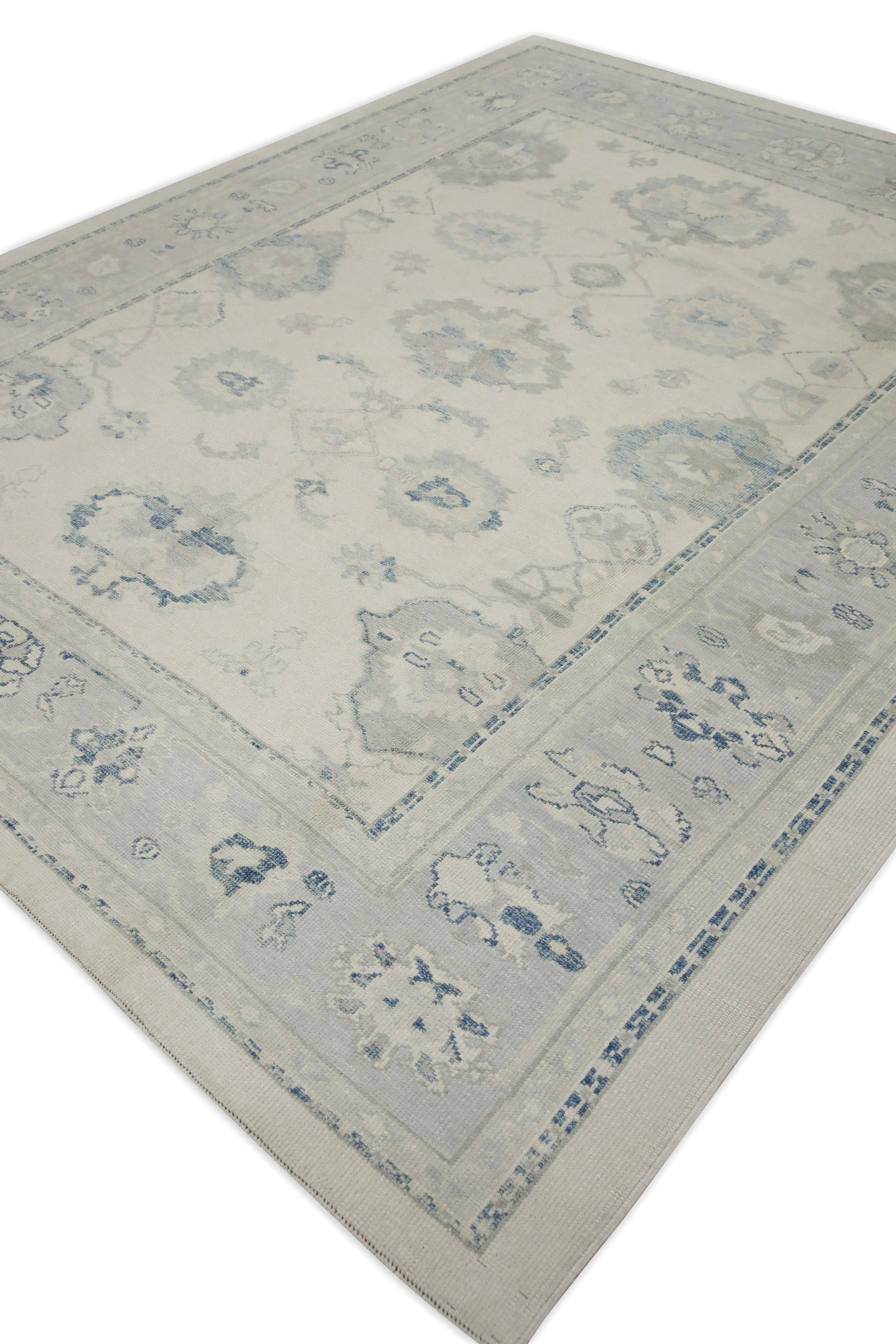 Handgewebter türkischer Oushak-Teppich aus Wolle in Creme & Blau mit Blumenmuster 8'10