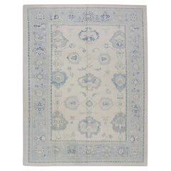 Tapis turc Oushak en laine tissée à la main Crème et bleu Design floral 8'10" X 11'1"