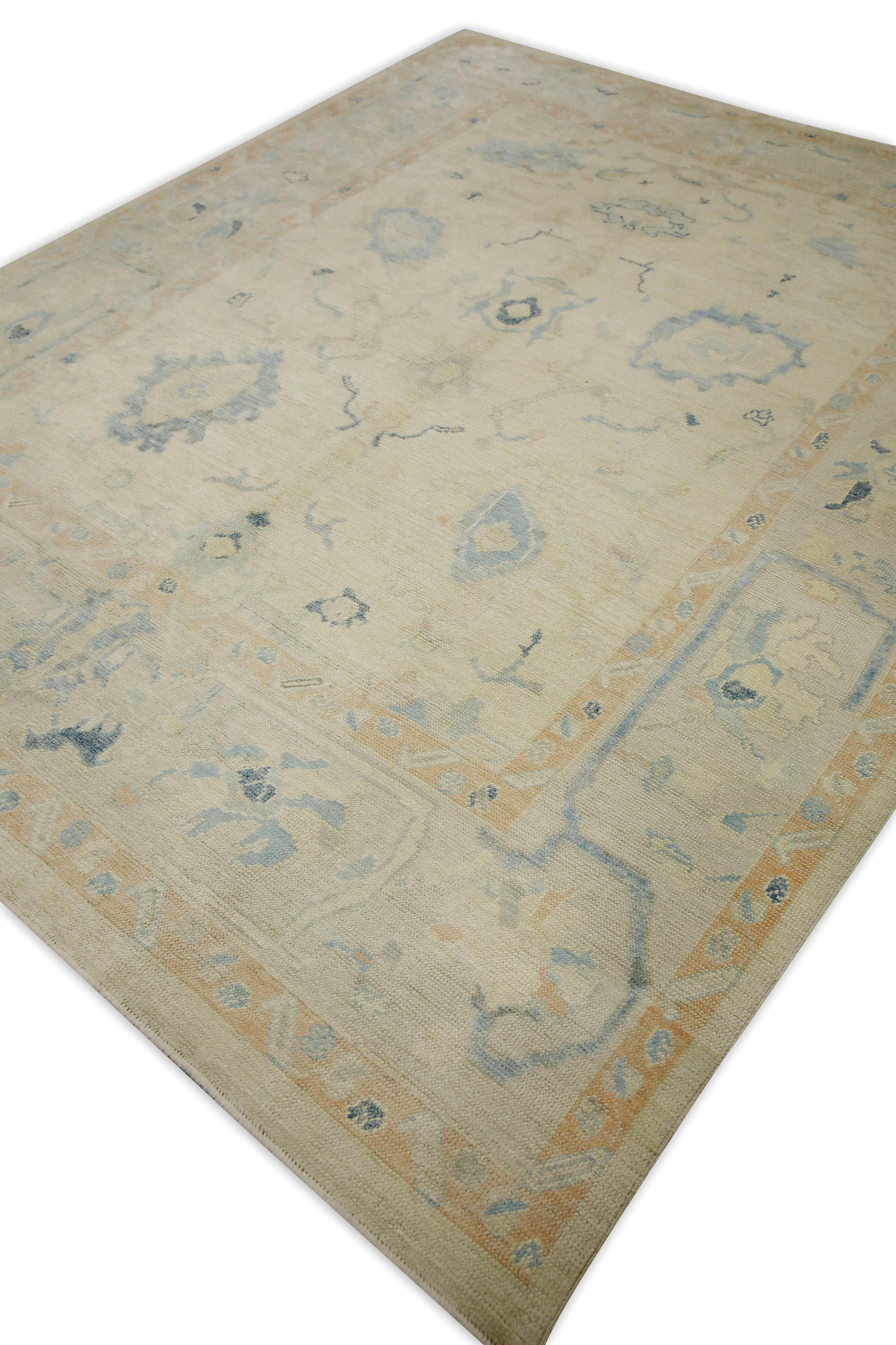 Alfombra turca Oushak de lana tejida a mano con diseño floral en crema y azul 8'2