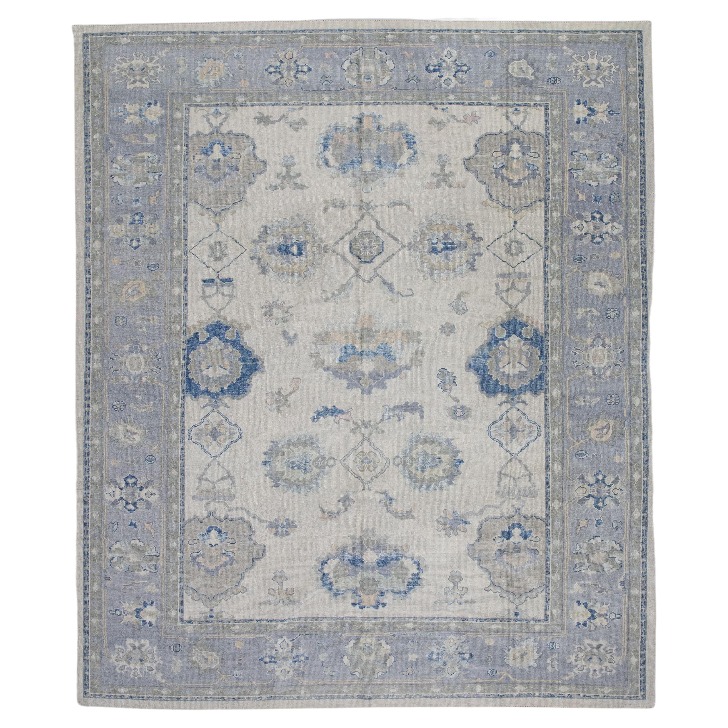 Handgewebter türkischer Oushak-Teppich aus Wolle in Creme & Blau mit Blumenmuster 9'4" X 11'7"