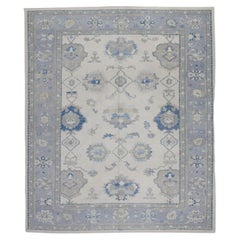 Cream & Blue Floral Design Handwoven Wool Turkish Oushak Rug 9'4" X 11'7"