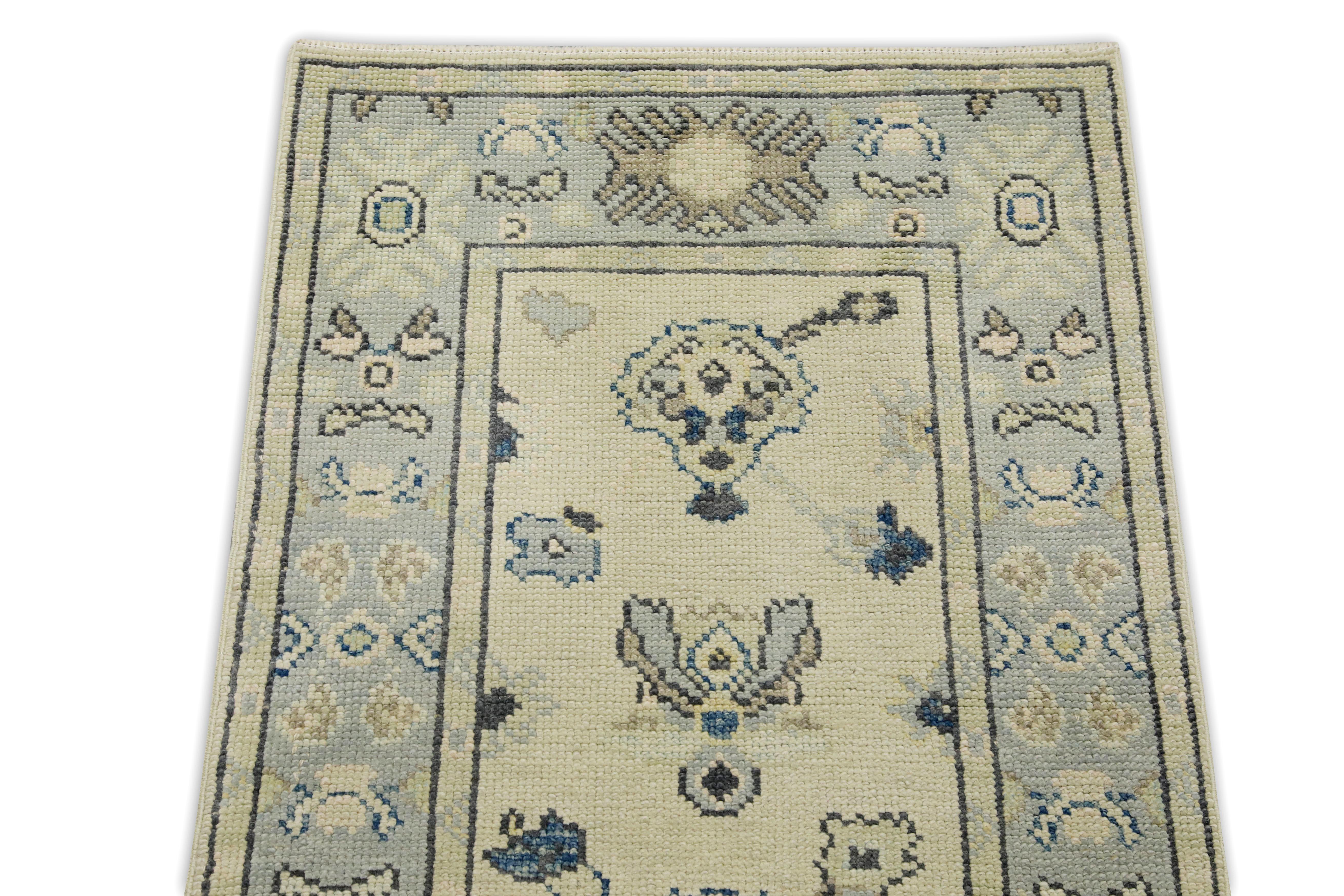Cream & Blue Floral Design Handwoven Wool Turkish Oushak Runner In New Condition For Sale In Houston, TX
