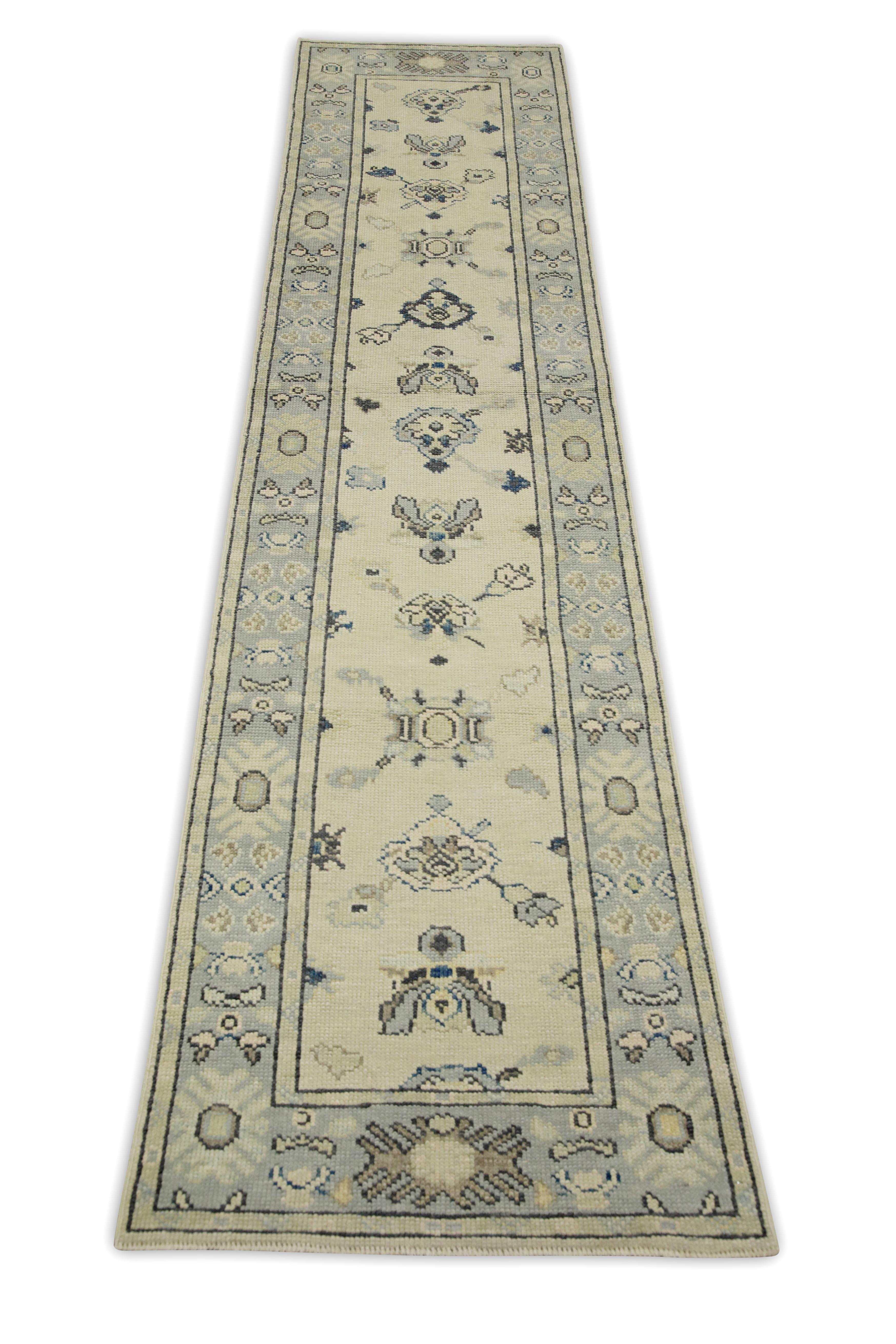 Contemporary Cream & Blue Floral Design Handwoven Wool Turkish Oushak Runner For Sale