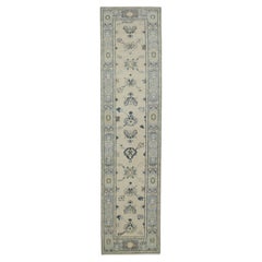 Cream & Blue Floral Design Handwoven Wool Turkish Oushak Runner