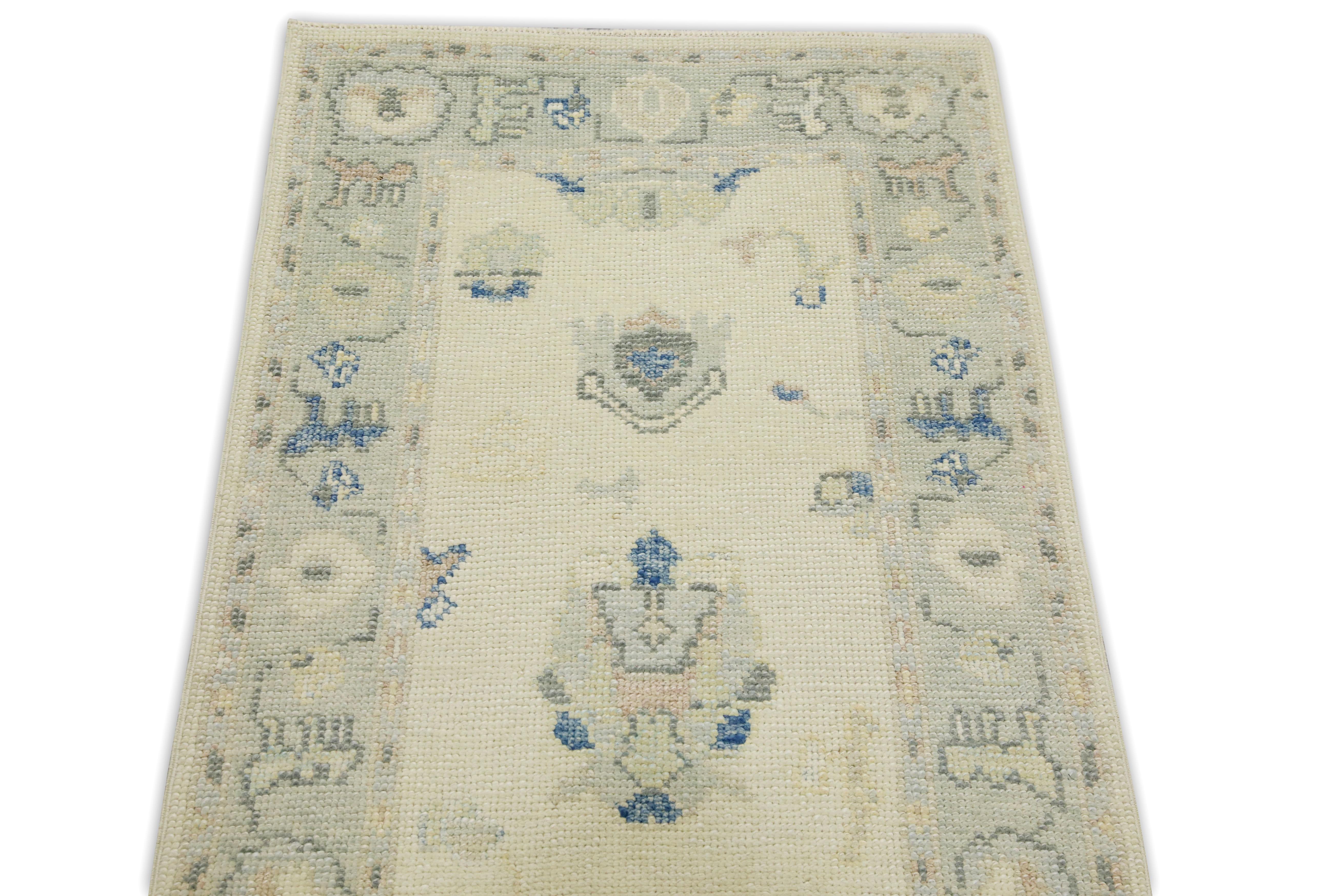 Cream & Blue Floral Design Handwoven Wool Turkish Oushak Runner In New Condition For Sale In Houston, TX