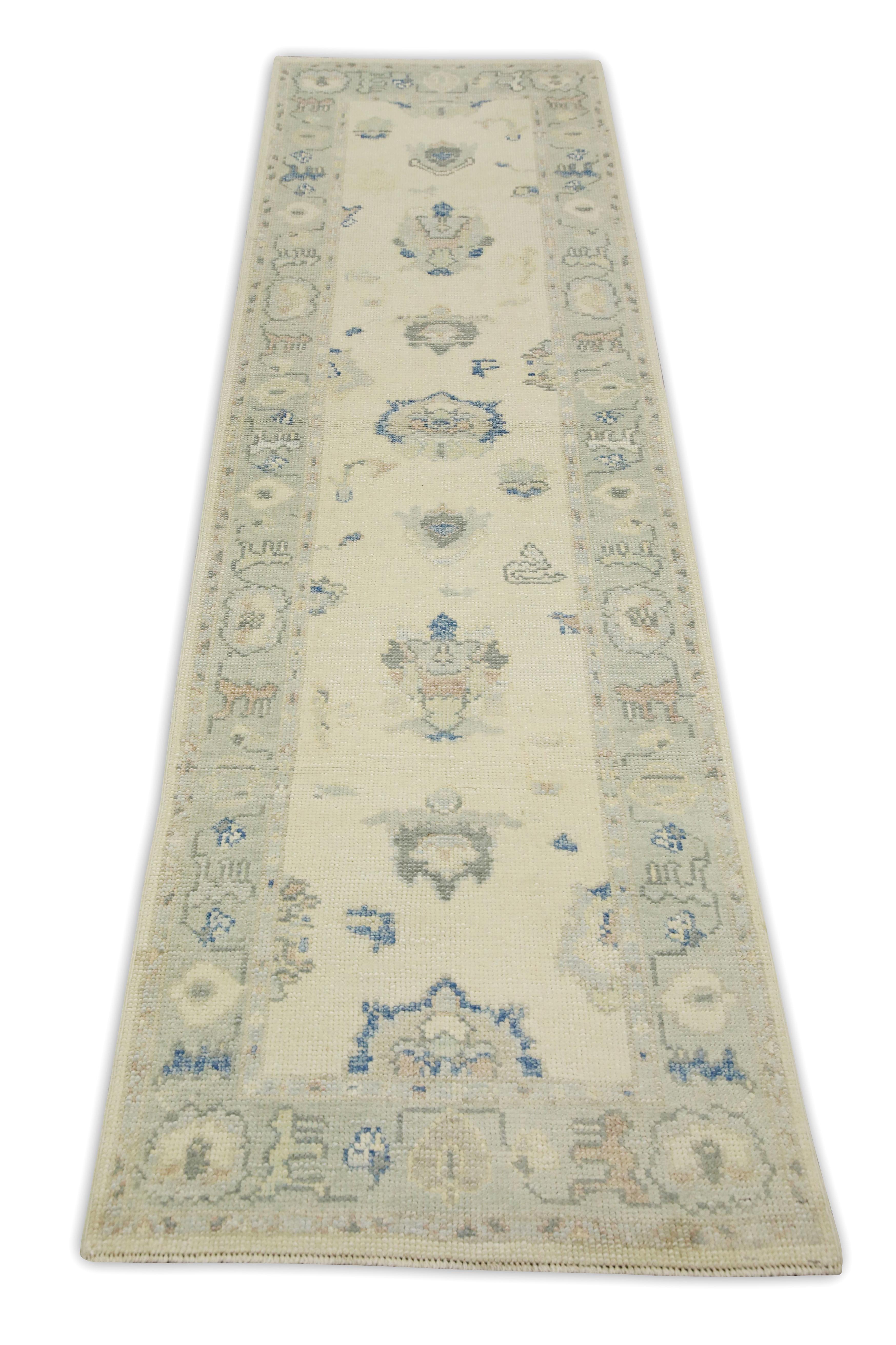 Contemporary Cream & Blue Floral Design Handwoven Wool Turkish Oushak Runner For Sale