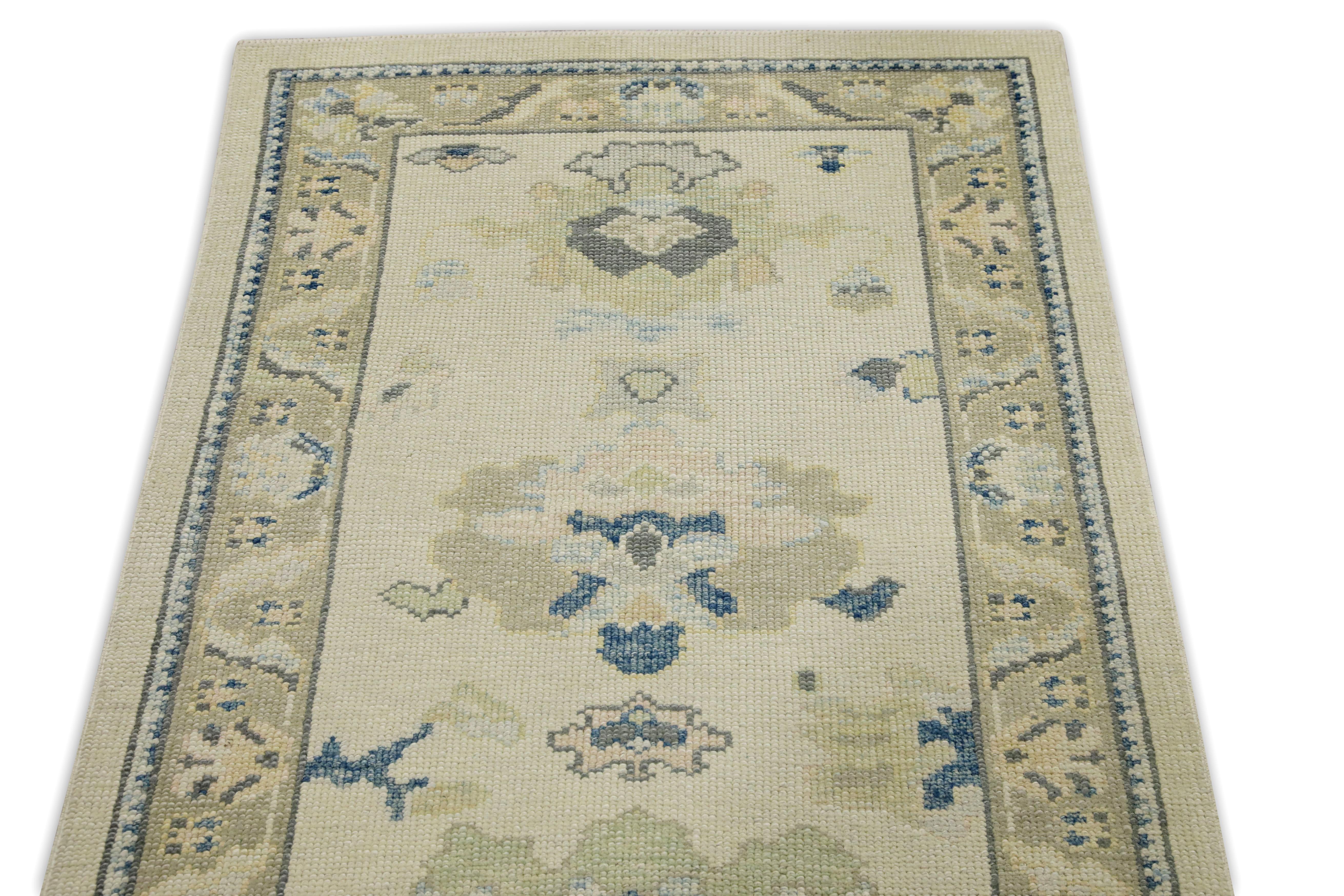 Cream & Blue Floral Design Handwoven Wool Turkish Oushak Runner In New Condition In Houston, TX