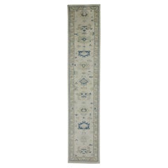 Cream & Blue Floral Design Handwoven Wool Turkish Oushak Runner