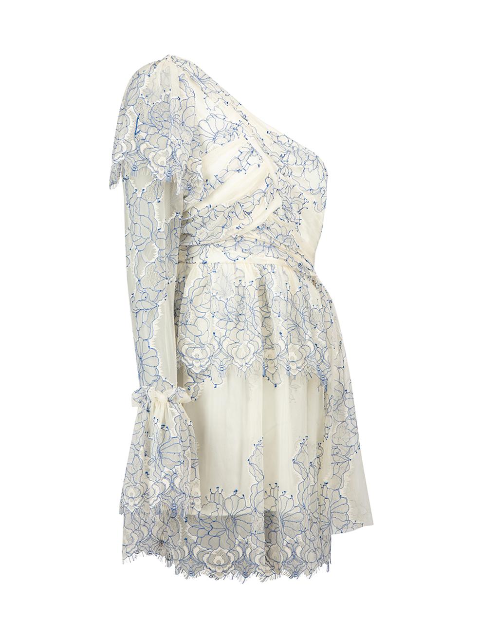 CONDITION is Never worn, with tags. No visible wear to dress is evident on this new Alice McCall designer resale item.



Details


Cream and blue

Synthetic

Mini dress

Blue floral lace pattern

One shoulder

Long mesh see through sleeve

Gathered