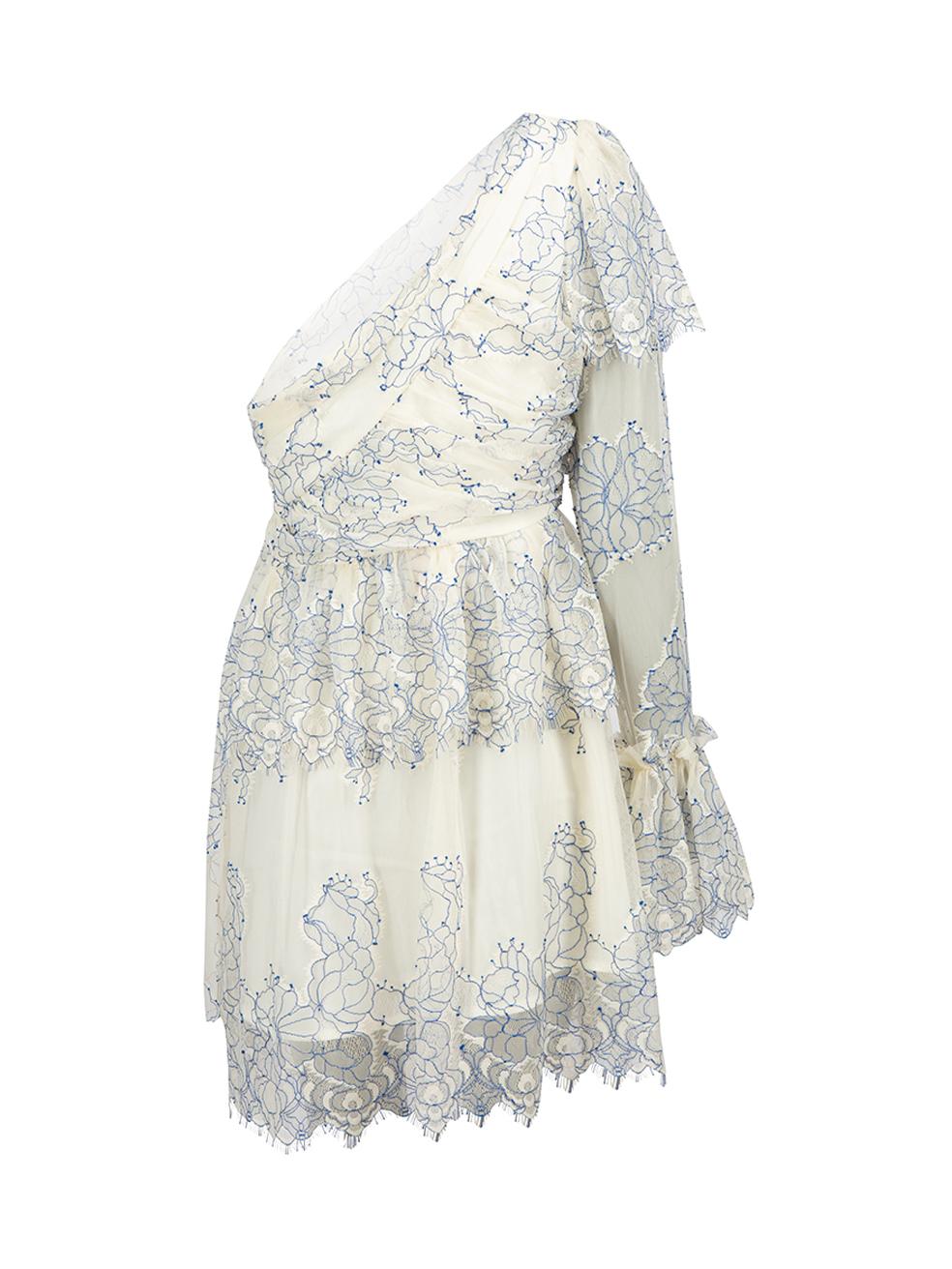 White Cream & Blue Floral Mesh Lovely Mini Dress Size L For Sale