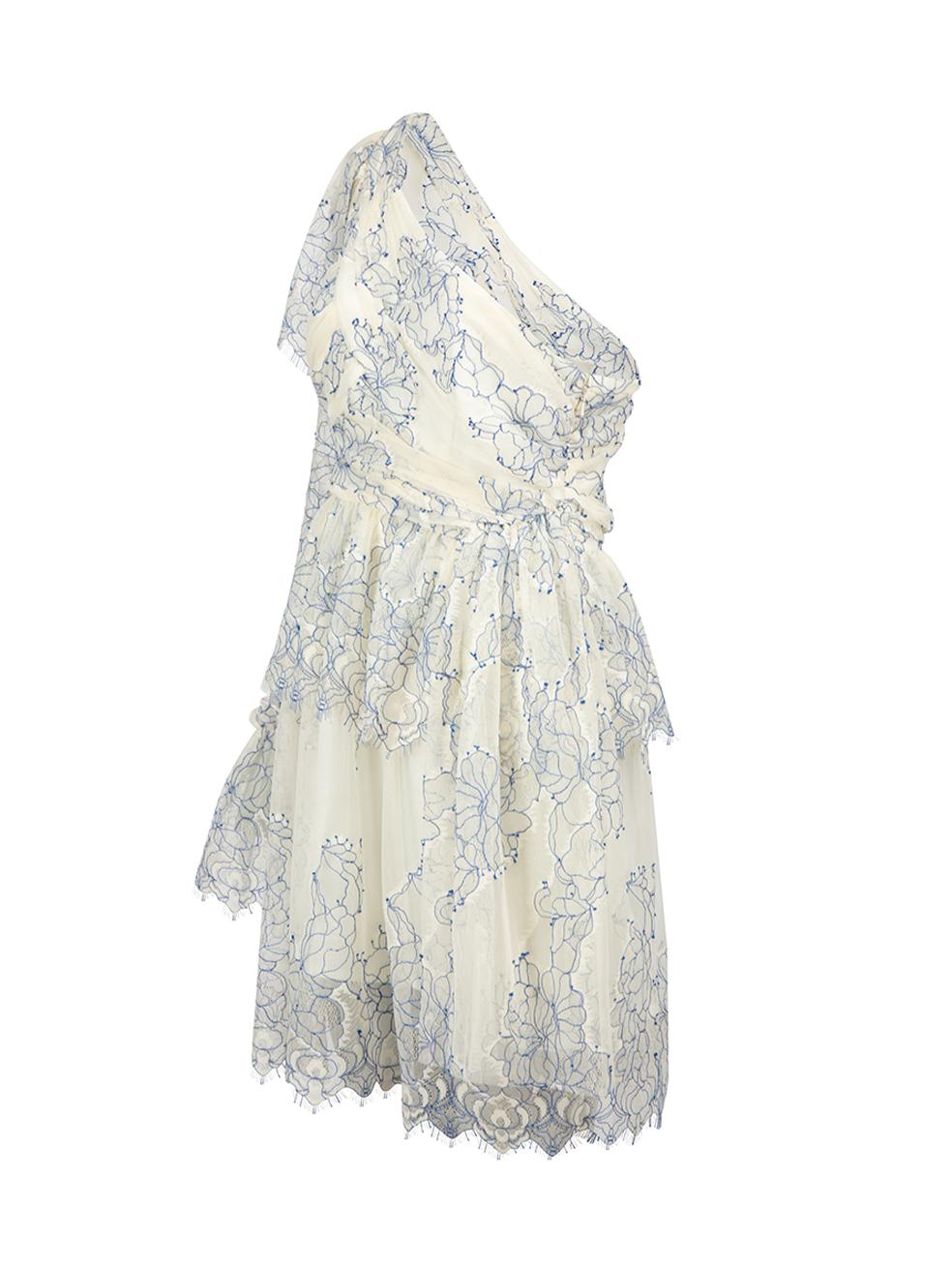 Cream & Blue Floral Mesh Lovely Mini Dress Size L In New Condition For Sale In London, GB