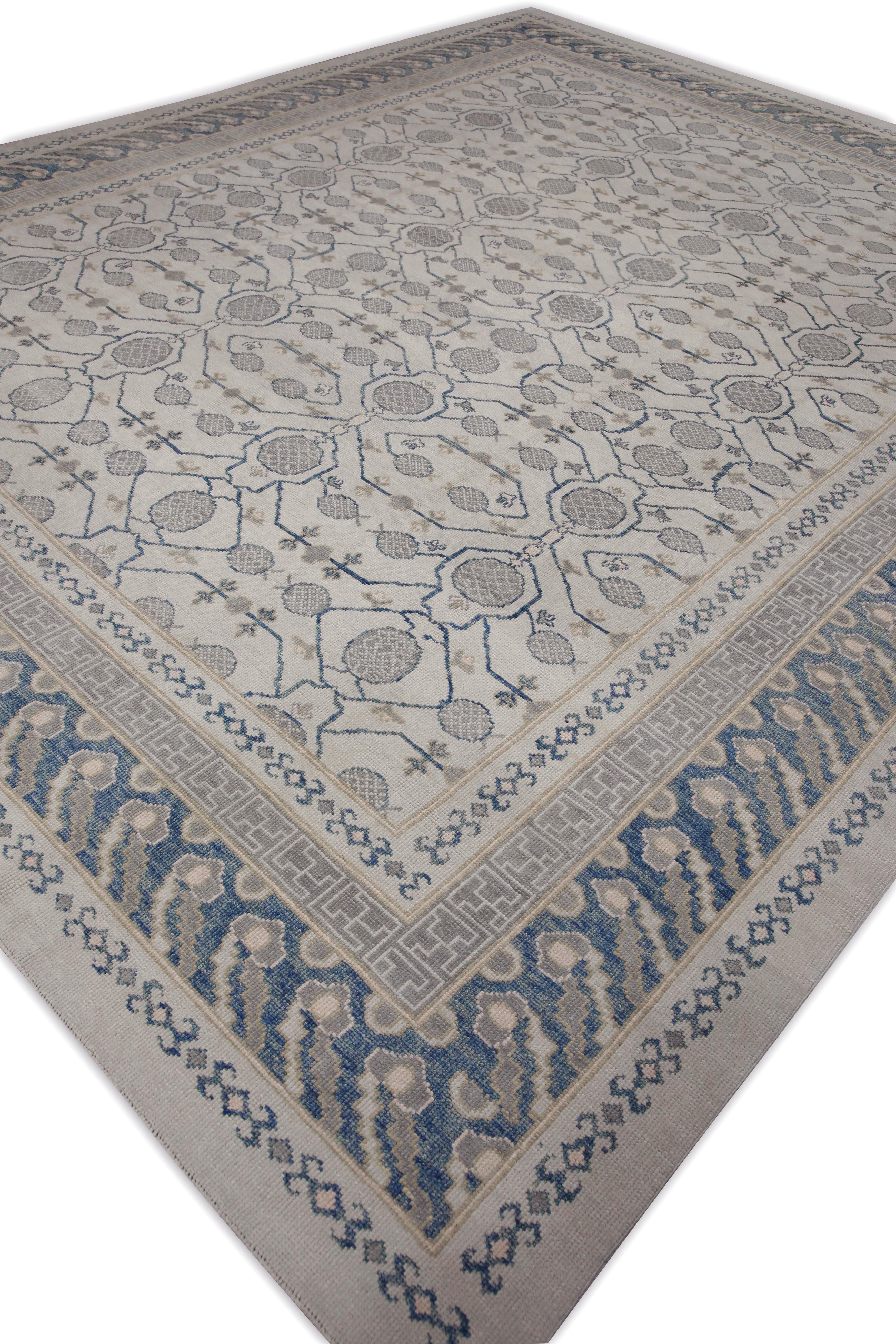 Contemporary Cream & Blue Geometric Design Handwoven Wool Turkish Oushak Rug 12' X 14'6