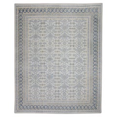 Cream & Blue Geometric Design Handwoven Wool Turkish Oushak Rug 12' X 14'6"