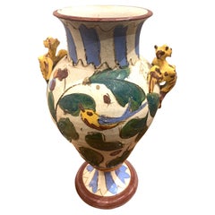 Cream, Blue, Green, Yellow Hand Painted Ceramic Vase, Italy, Mid Century