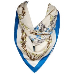 Cream & Blue Hermes Floral Silk Scarf