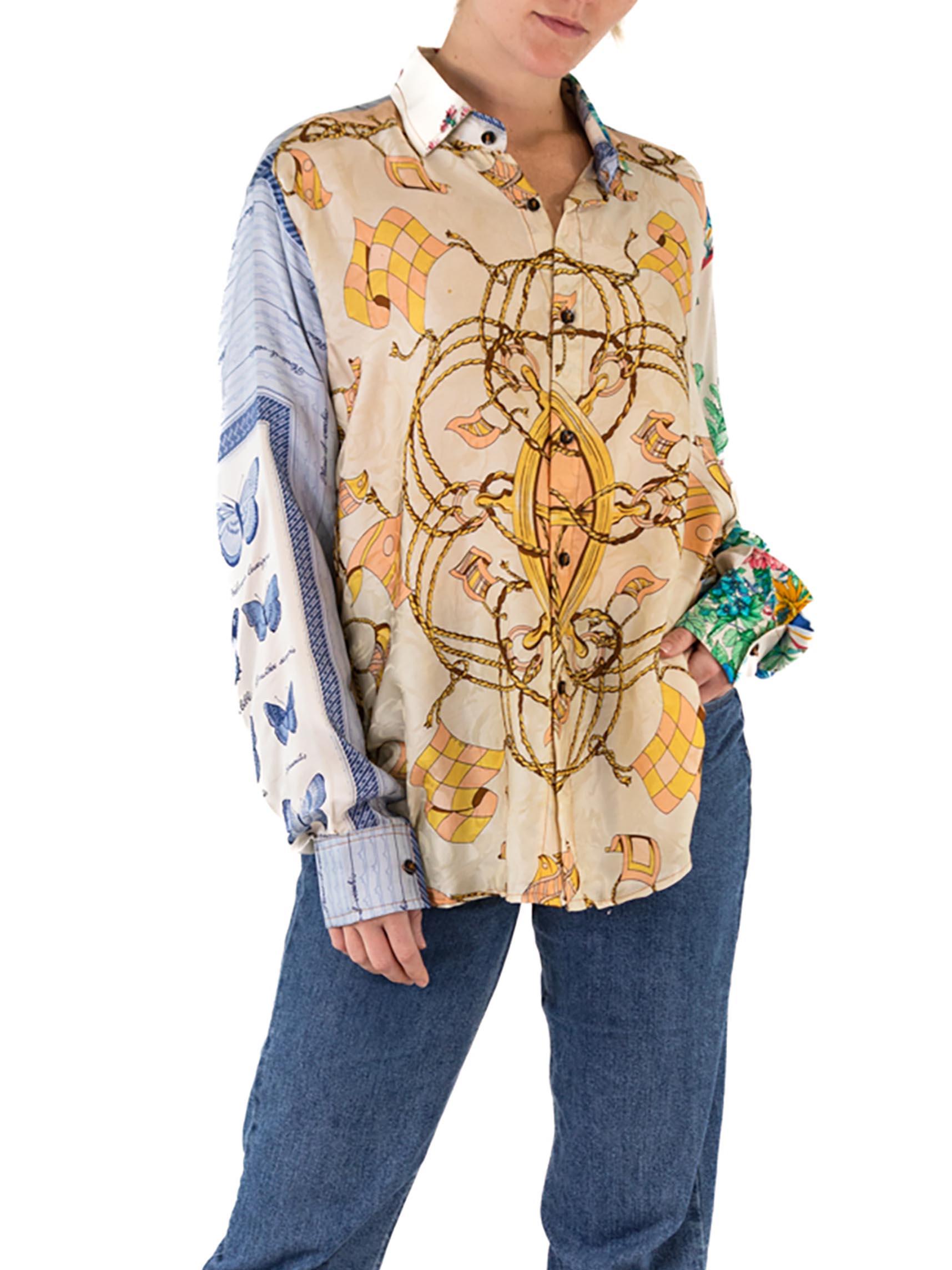 Cream & Blue Multi  Silk Blend Shirt Made With Scarfs For Sale 1