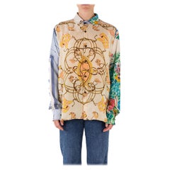 Crema y Azul Multi  Camisa de mezcla de seda hecha con pañuelos