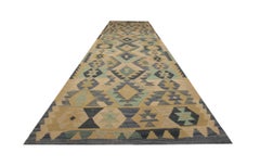 Cream Blue Wool Kilim Runner Rug, Traditional Handmade Flat-weave Rug