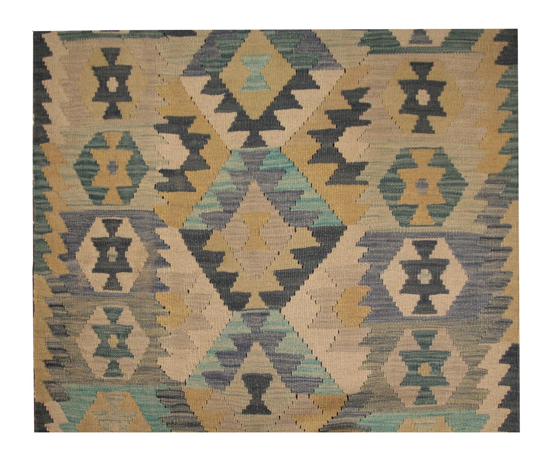 Mid-Century Modern Cream Blue Wool Kilim Runner Rug, Traditional Handmade Flat-weave Rug For Sale