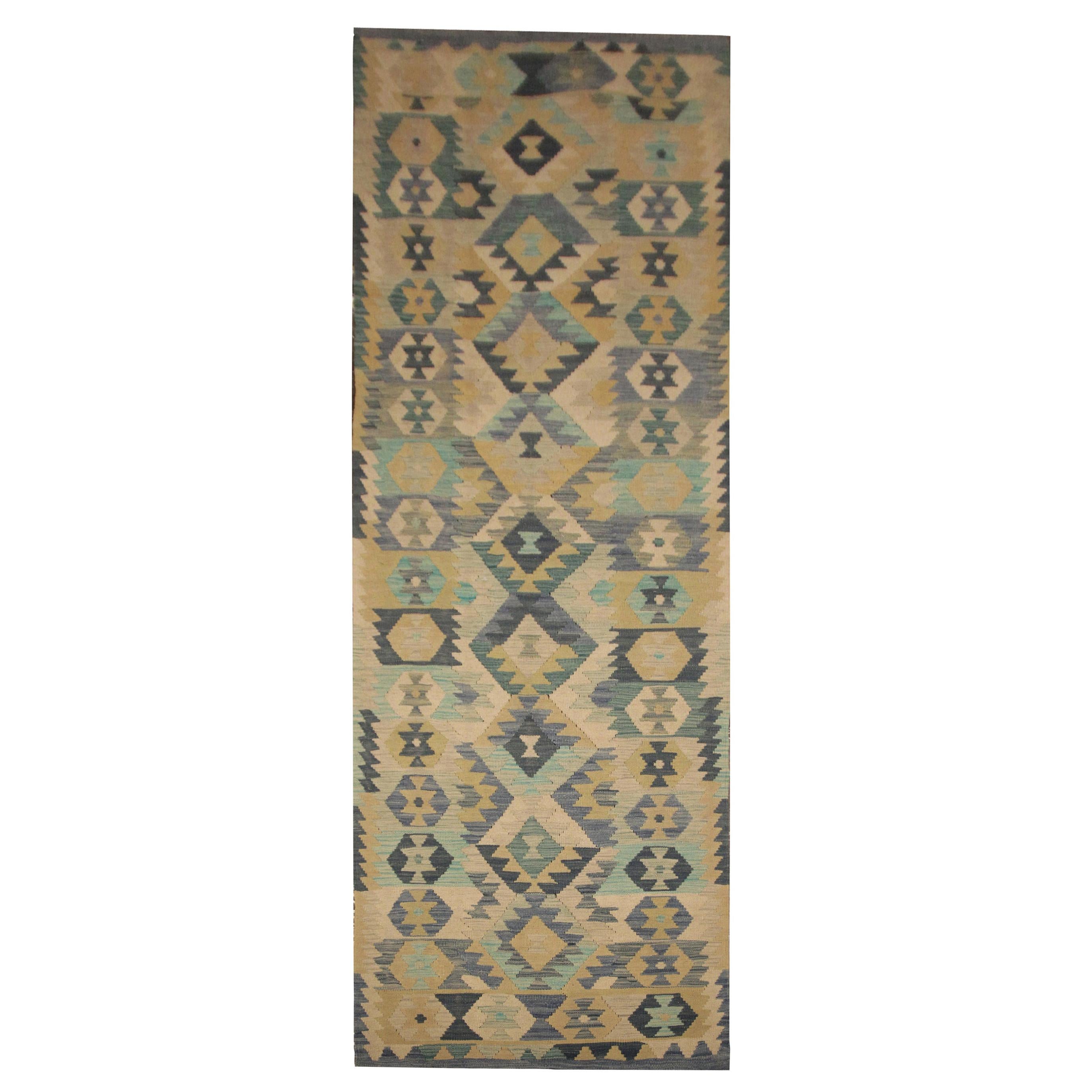 Cream Blue Wool Kilim Runner Rug, Traditional Handmade Flat-weave Rug