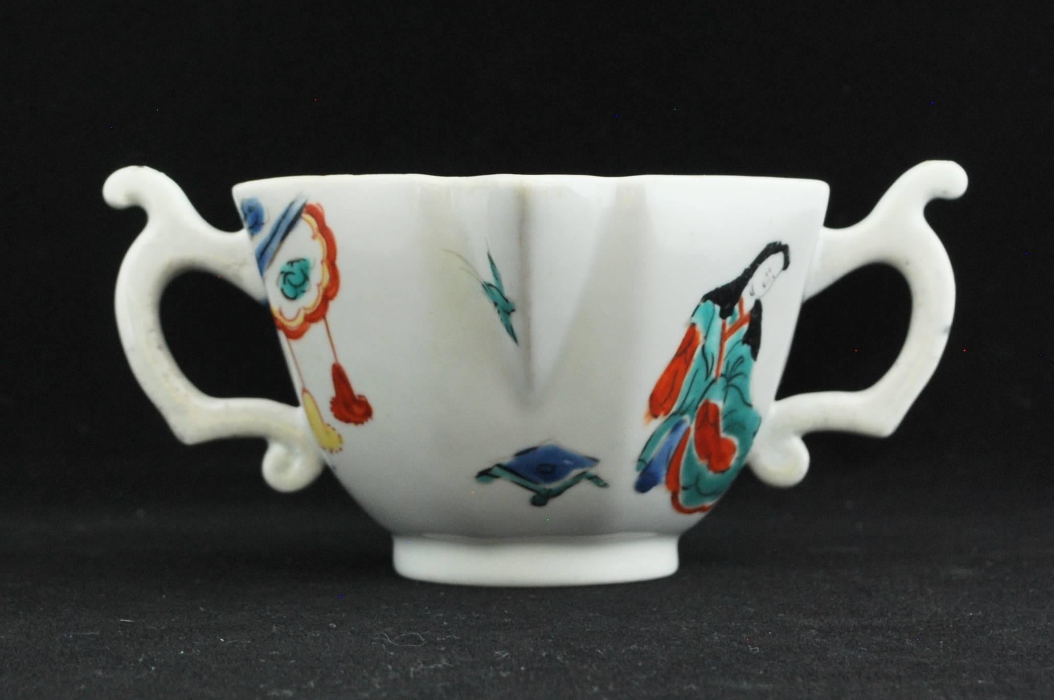 Double-handled boat in soft-paste porcelain, decorated with the Lady in a Pavillion pattern, the design and palette both after the Japanese examples of the period. Figure decoration is unusual in this period.
 
Double-handled sauce boats were a