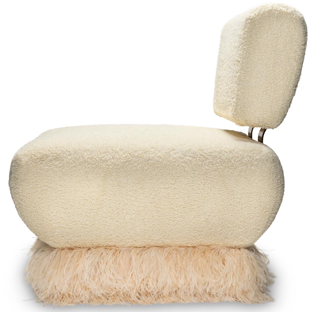Portuguese Cream Boucle', Bronzed Steel, Brass & Feather Trim, Ostrich Fluff Lounge Chair For Sale