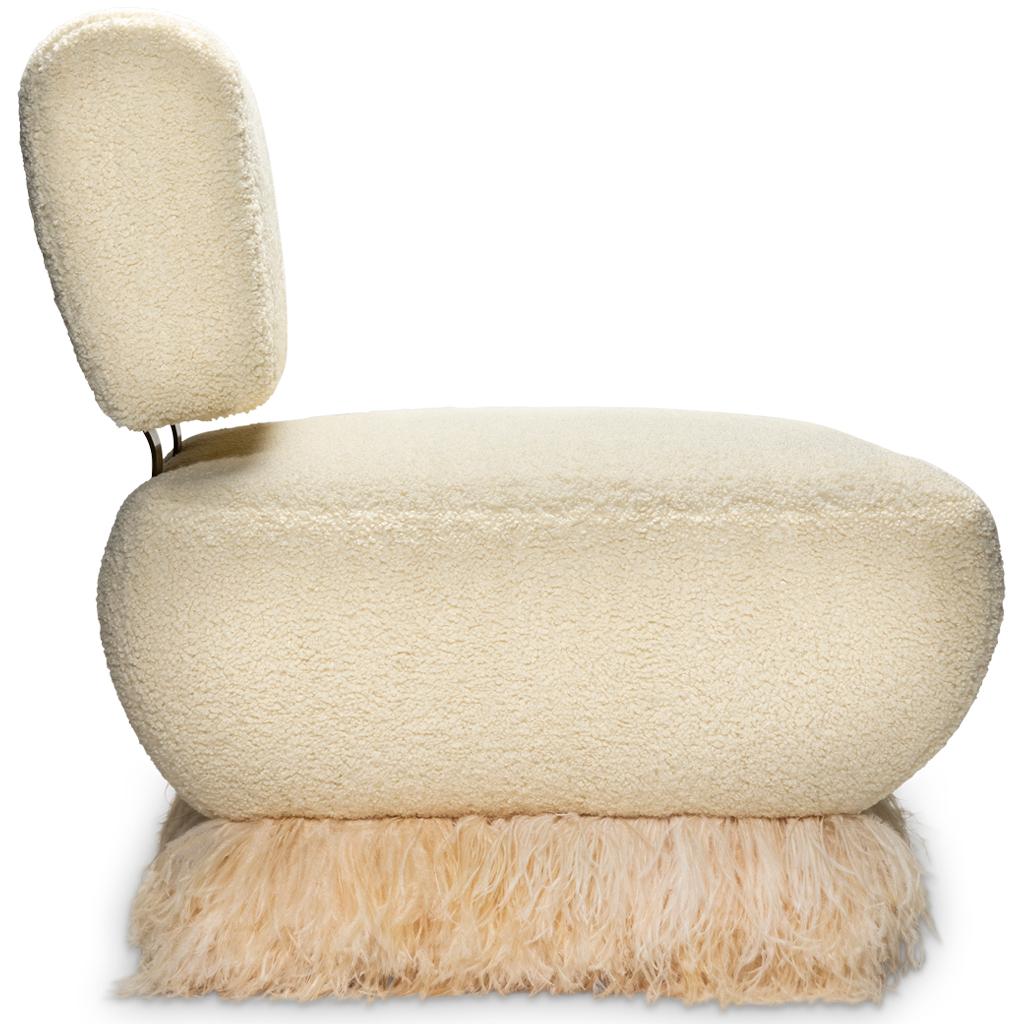 Contemporary Cream Boucle', Bronzed Steel, Brass & Feather Trim, Ostrich Fluff Lounge Chair For Sale