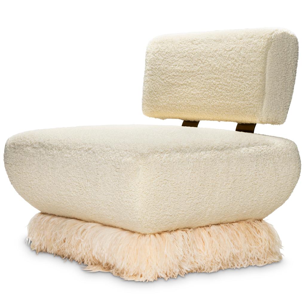 Cream Boucle', Bronzed Steel, Brass & Feather Trim, Ostrich Fluff Lounge Chair For Sale 1