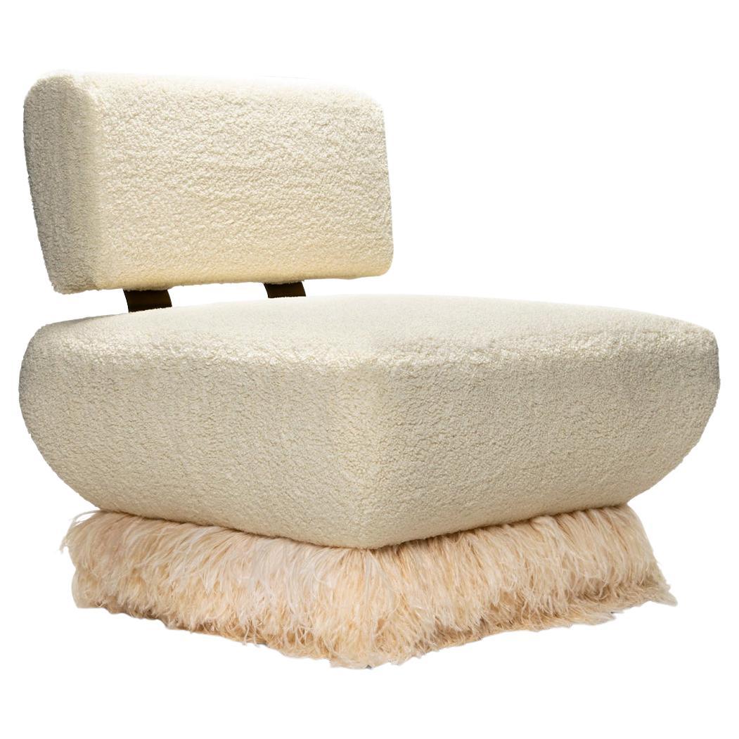 Cream Boucle', Bronzed Steel, Brass & Feather Trim, Ostrich Fluff Lounge Chair For Sale