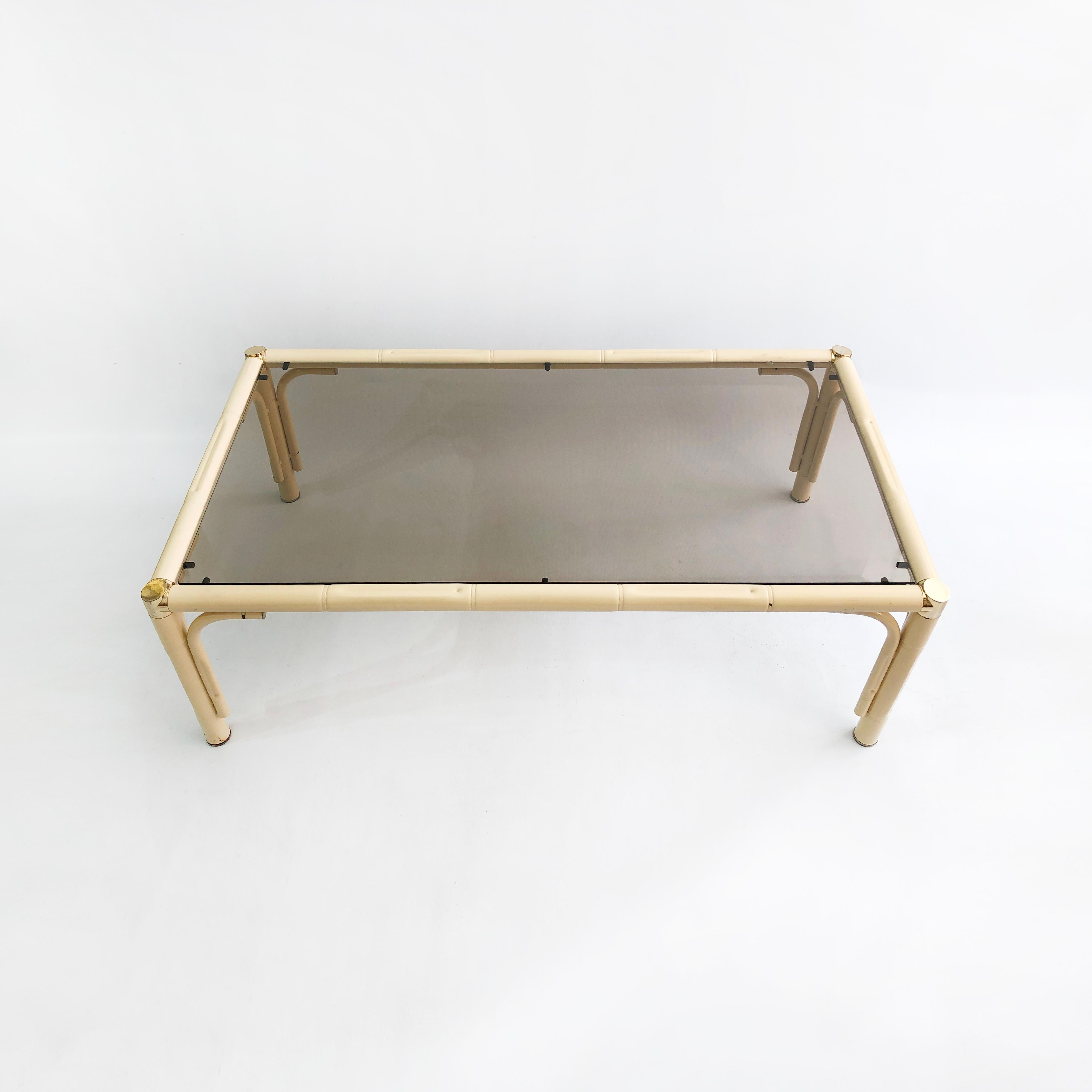 Powder-Coated Cream Brass Faux Bamboo Side Table Italian Midcentury Exotic 1970s Vintage