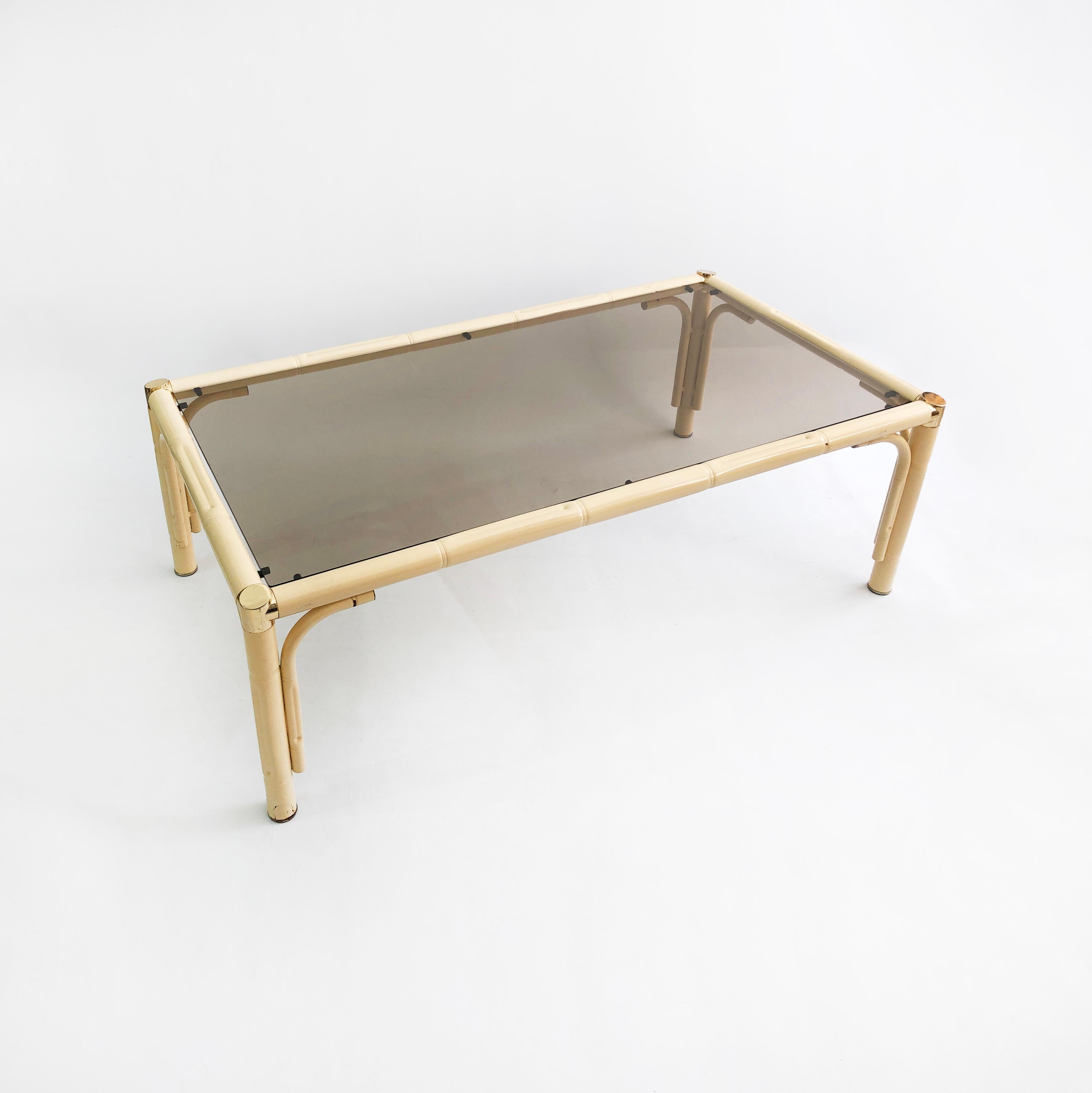 Cream Brass Faux Bamboo Side Table Italian Midcentury Exotic 1970s Vintage In Good Condition In London, GB