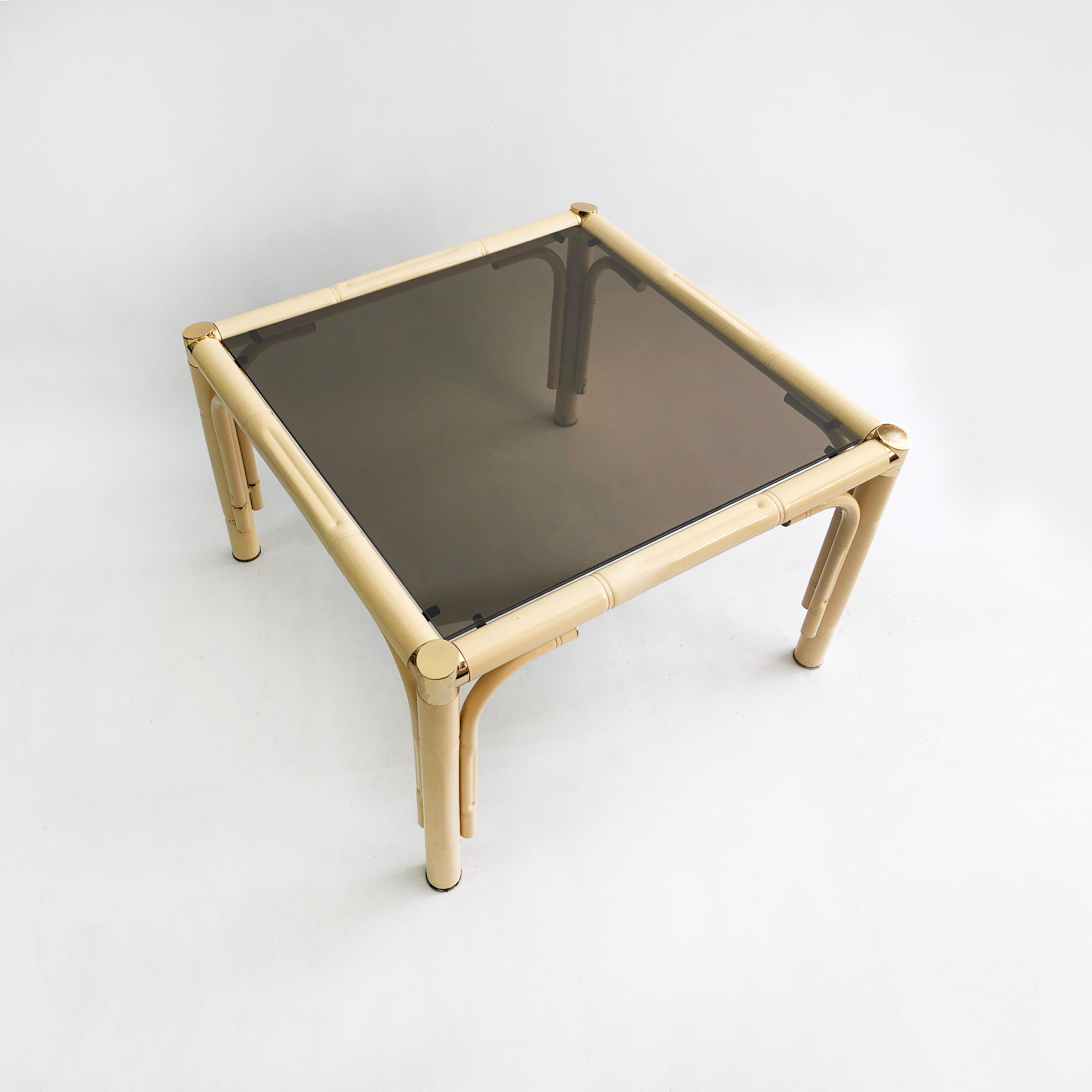 Cream Brass Faux Bamboo Side Table Italian Midcentury Exotic 1970s Vintage In Good Condition For Sale In London, GB