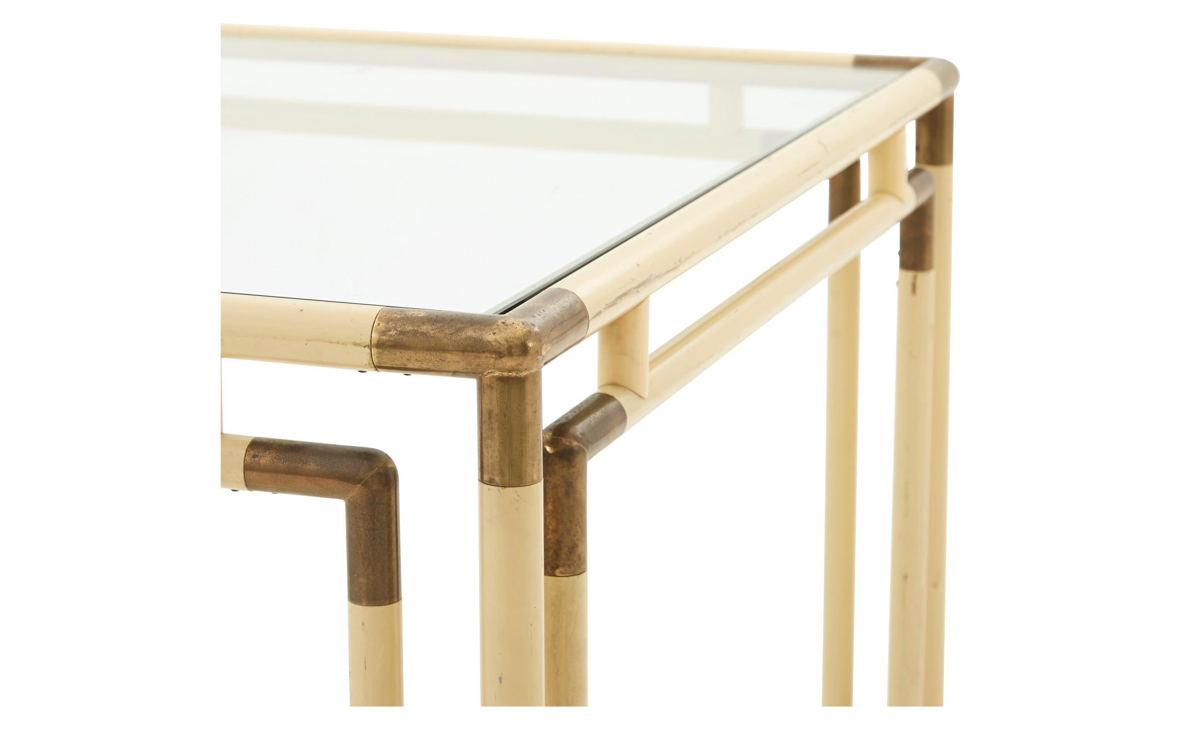 Spanish Cream and Brass Metal Dining Table with Glass Top