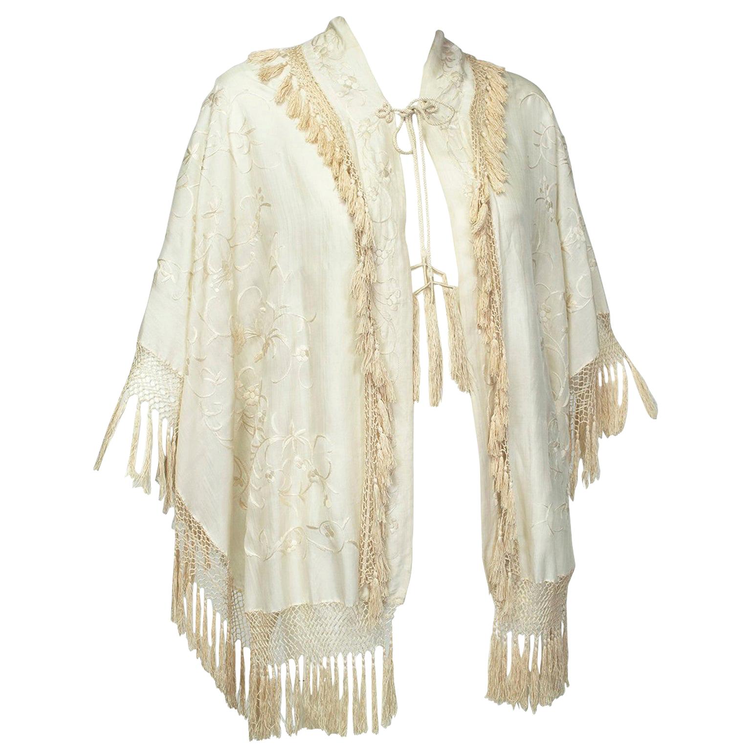 Cream Canton Silk Downton Abbey Embroidered Wedding Shawl - One Size, 1900s