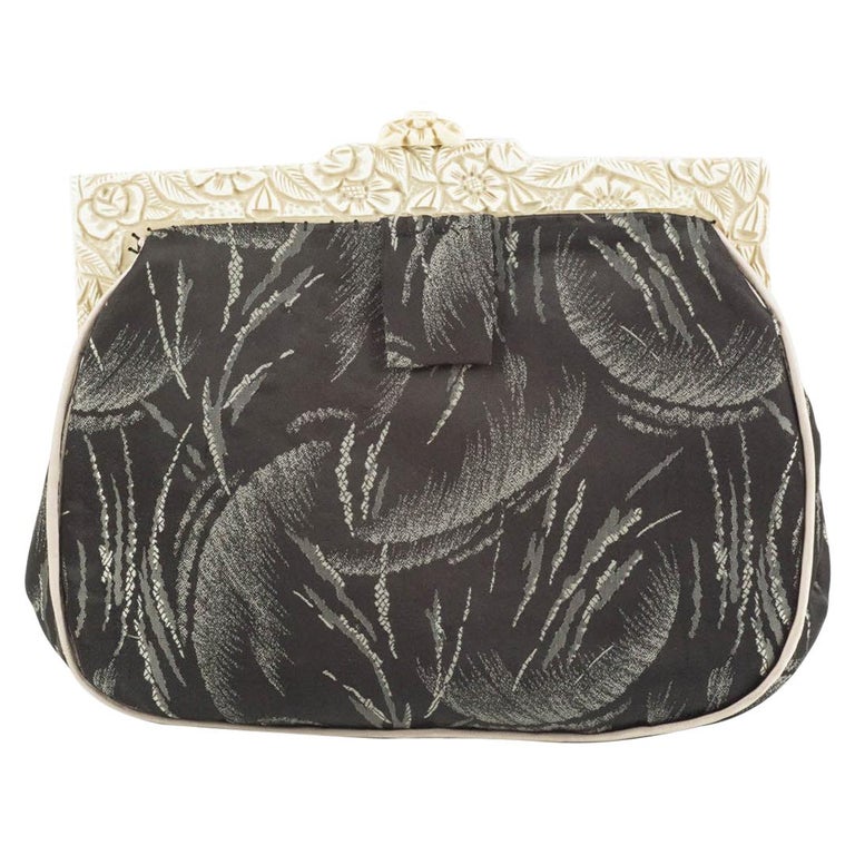 Cream carved Bakelite frame and patterned silk clutch bag, English, 1920s  For Sale at 1stDibs