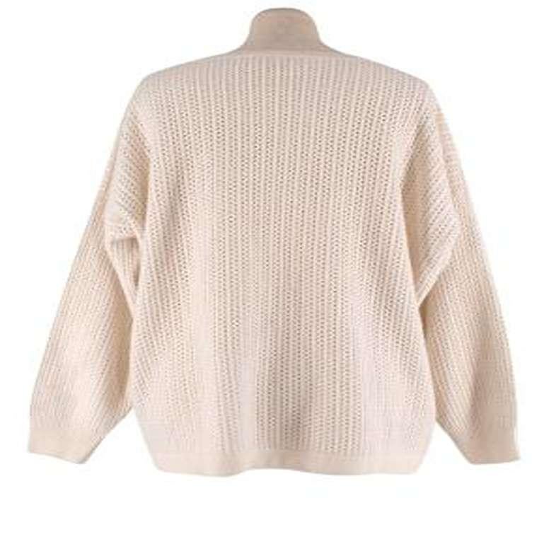 Hermes Cream Cashmere & Cotton Knitted Jumper
 

 - Cream cashmere and cotton blend knit jumper with lace hole stripe pattern 
 - Scoop neck
 - Ribbed trims 
 - Medium weight 
 

 Made in Italy 
 60% cashmere, 40% cotton
 Dry clean only 
 

