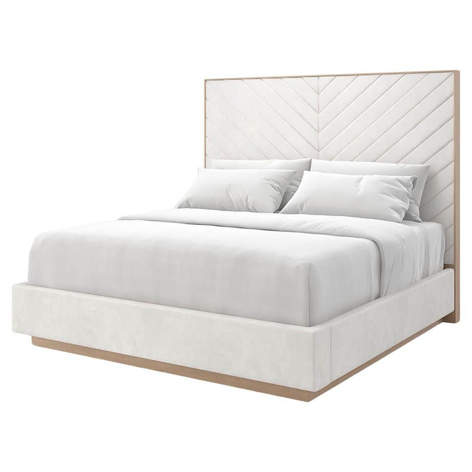 Cream Chevron Tufted Upholstered King Bed For Sale